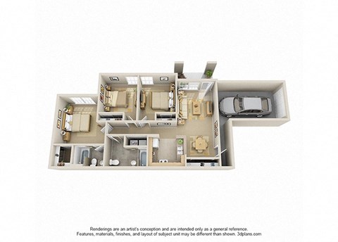 Floor plan for 3 beds, 2 baths, 1101 sqft